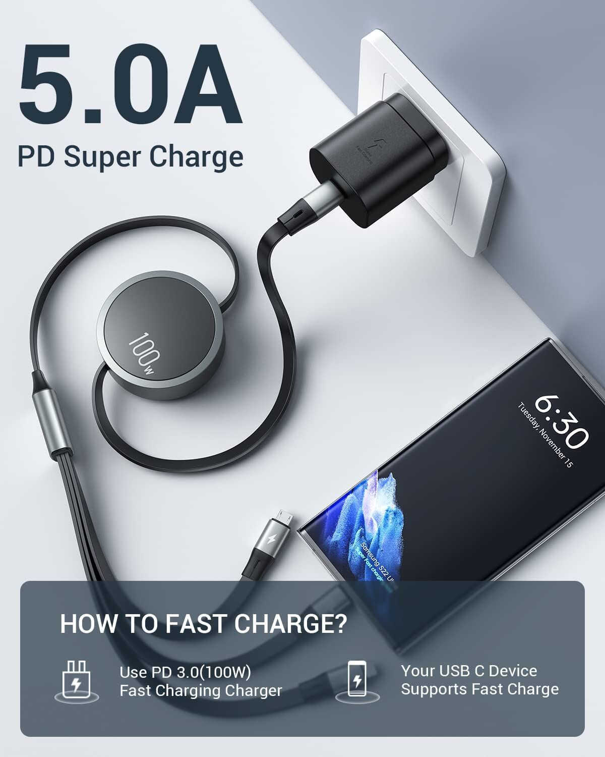 100W USB-C PD Super Fast Charging Cable 3 in 1 Retractable Charging Cable