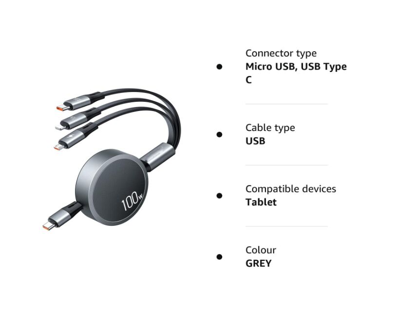 100W USB-C PD Super Fast Charging Cable 3 in 1 Retractable Charging Cable