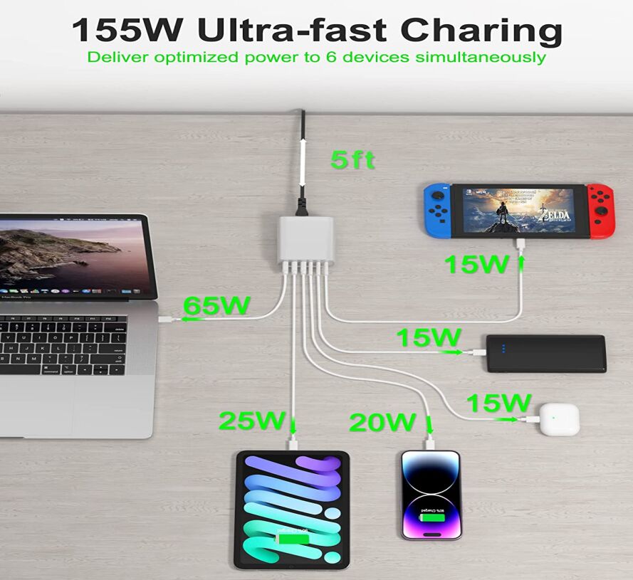 155W 6-Port Fast USB-C Charging Station Portable USB C Wall Charger