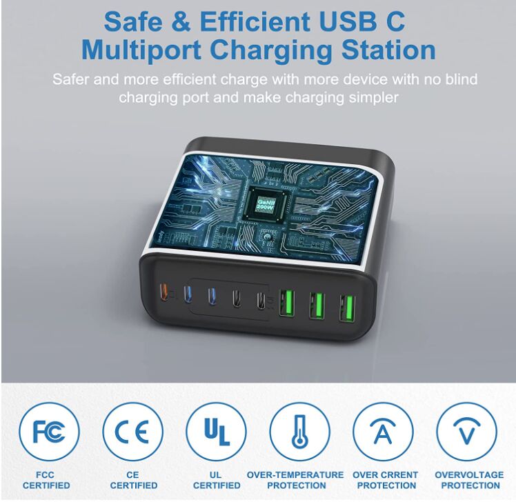 200W USB-C Charger 8-Port Desktop USB C Charging Station Compatible with laptops phones iPad